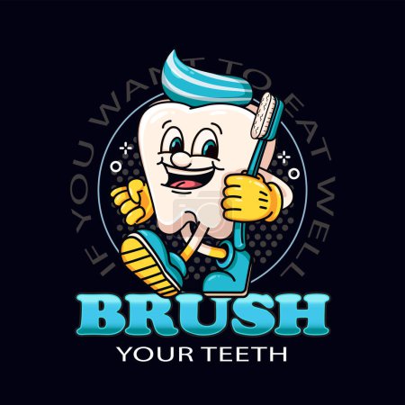 Téléchargez les illustrations : Brossez-vous les dents, une mascotte de dessin animé aux cheveux pâteux portant une brosse à dents. Convient pour les logos, mascottes, t-shirts, autocollants et affiches - en licence libre de droit
