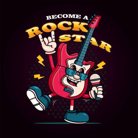 Téléchargez les illustrations : La guitare électrique devient une rock star. Idéal pour les logos, mascottes, t-shirts, autocollants et affiches - en licence libre de droit