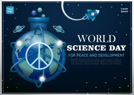 Ilustración de Día Mundial de la Ciencia, por la Paz y el Desarrollo. Tierra con símbolo de paz rodeada de partículas atómicas, fondo de vaso de precipitados. 3d vector, adecuado para la ciencia y la educación - Imagen libre de derechos