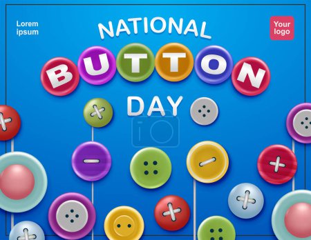 Illustration for National Button Day. Different colors of buttons. 3d vector, suitable for events and business - Royalty Free Image