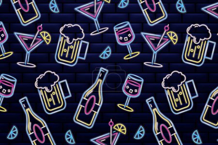 Illustration for Neon bar pattern. Beer, tequila, bottles and wine, on a brick wall background. Vector illustration suitable for bars, pubs, restaurants, businesses and happy hour events - Royalty Free Image
