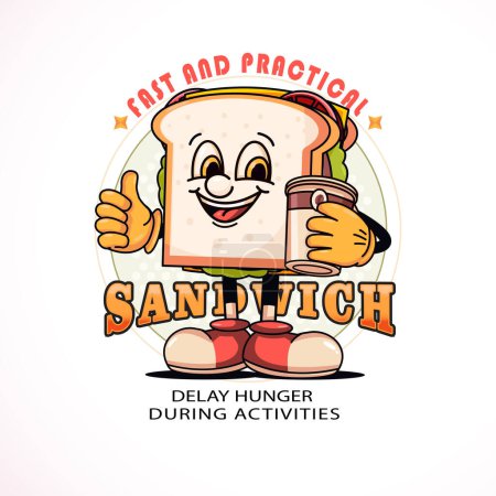 Téléchargez les illustrations : Caractère sandwich tenant une tasse de café. Convient pour les logos, mascottes, t-shirts, autocollants et affiches - en licence libre de droit