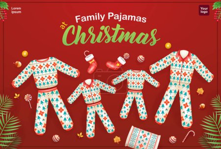 Téléchargez les illustrations : Pyjama familial à Noël. Vecteur 3d, adapté aux événements familiaux, Noël, cadeaux et affaires - en licence libre de droit