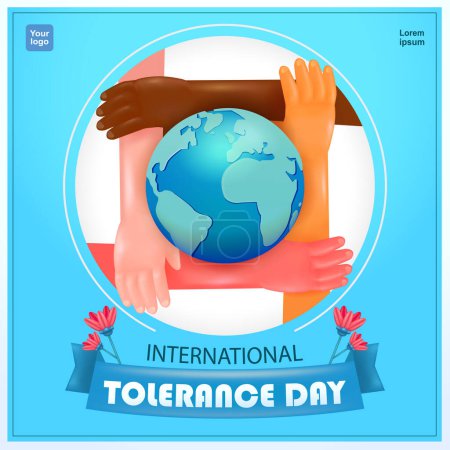 Illustration for International Tolerance Day. Hands of different colors are grasping each other and carrying the earth. 3d vector suitable for events - Royalty Free Image