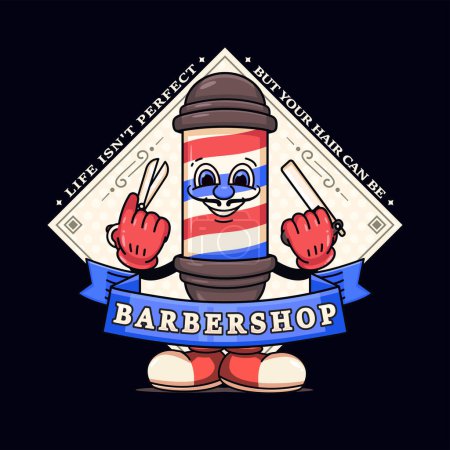 Illustration for Barbershop, barber pole cartoon characters holding scissors and razors. Suitable for logos, mascots, t-shirts, stickers and posters - Royalty Free Image