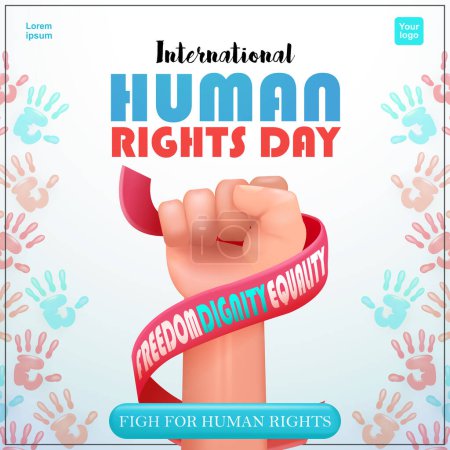 Illustration for Human Rights Day, fist holding a ribbon saying human rights with colorful handprint frame. 3d vector suitable for events - Royalty Free Image