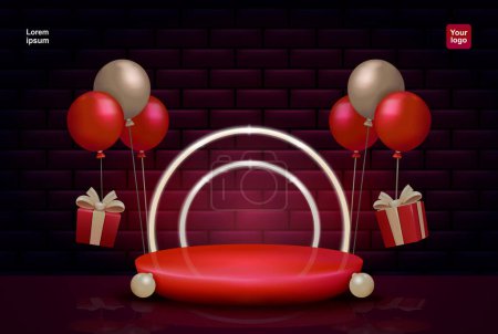 Illustration for Black and red geometric stage podium, podium with balloon elements, gift boxes and red lights. 3d vector, suitable for special offers Big sales on Black Friday and Christmas - Royalty Free Image