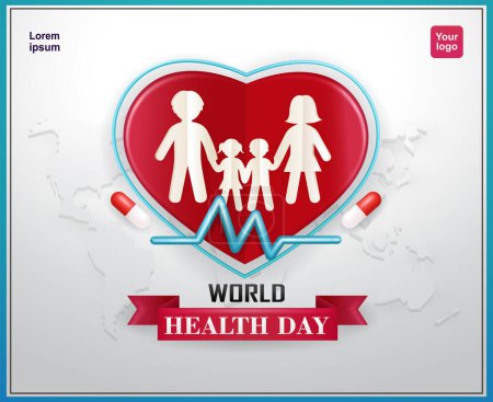 Illustration for Family of paper cutouts holding hands in a heart shaped craft with a map in the background. 3d vector, suitable for World Health Day, events, campaigns and education - Royalty Free Image