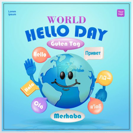 Téléchargez les illustrations : Journée mondiale du bonjour. Bulles de parole dans différentes langues du monde entier avec des personnages mignons de la Terre. Vecteurs 3d adaptés aux événements - en licence libre de droit