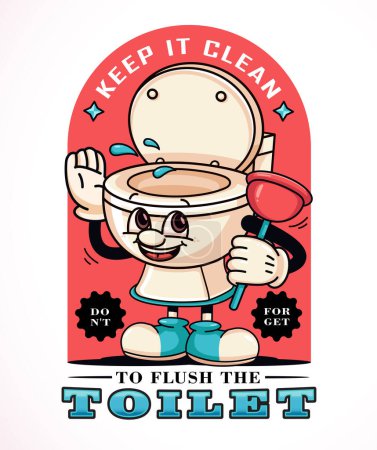Téléchargez les illustrations : Rincer les toilettes, un dessin animé d'une mascotte de toilette tenant une paille de toilette. Convient pour les logos, mascottes, t-shirts, autocollants et affiches - en licence libre de droit