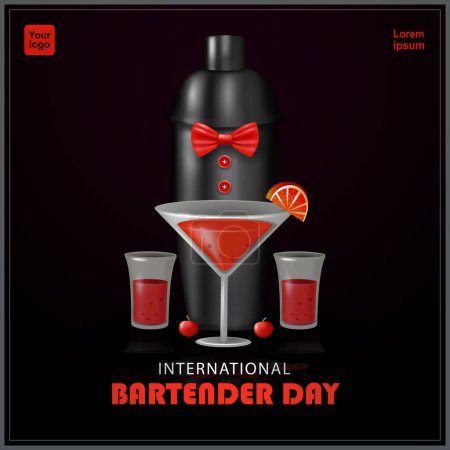 Illustration for Bartender day. Creative concept Cocktail with bar shaker wearing bow tie. 3d vector, suitable for business events and advertising - Royalty Free Image