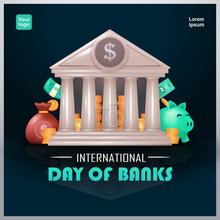 Foto de Día Internacional del Banco. Edificio bancario, dinero y alcancía. 3d vector adecuado para eventos, finanzas y negocios - Imagen libre de derechos