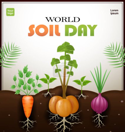 Illustration for World Soil Day. Onions, carrots and potatoes planted in soil, the importance of healthy soil. 3d vector suitable for earth day, green world, events, agriculture, business and education - Royalty Free Image