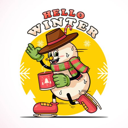 Téléchargez les illustrations : Snowman patinage sur glace, personnage mascotte mignon pour Noël et l'hiver. Convient pour les logos, mascottes, t-shirts, autocollants et affiches - en licence libre de droit