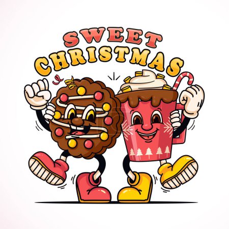 Téléchargez les illustrations : Biscuits et un verre de chocolat chaud à la crème, personnage mascotte mignon pour Noël et l'hiver. Convient pour les logos, mascottes, t-shirts, autocollants et affiches - en licence libre de droit