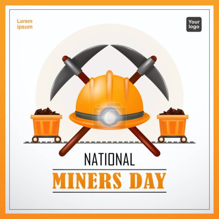 Illustration for National Miners Day. Mining hammer, project helmet with lights and mining cart. 3d vector, perfect for business, events, websites and social media - Royalty Free Image
