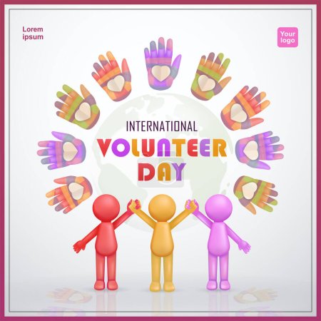 Illustration for Volunteer day. Teamwork stickman hand in hand with colorful hand frame element holding circular heart symbol. 3d vector, suitable for events and campaigns - Royalty Free Image