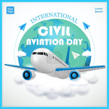 Illustration for International Civil Aviation Day. Airplane and paper airplane on cloudy earth background. theme banner. Vector illustration. 3d vector suitable for business, campaigns and events - Royalty Free Image