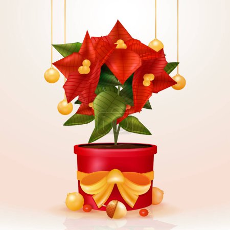 Illustration for Poinsettia flower in a gift shaped flowerpot, with Christmas bell ball element. 3d vector, suitable for holiday events and design elements - Royalty Free Image