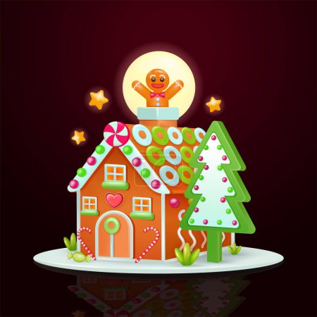 Téléchargez les illustrations : Maison de pain d'épice avec arbre à biscuits et homme de pain d'épice, vecteur 3d. Parfait pour Noël, vacances et biscuits de fête - en licence libre de droit