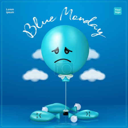 Téléchargez les illustrations : Lundi bleu. Un triste ballon bleu parce que son ami est dégonflé, avec des nuages autour de lui. vecteur 3d, adapté aux événements et à la santé mentale - en licence libre de droit