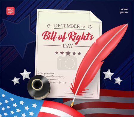 Illustration for Bill of Rights Day, opening letter of the Constitution with pen, ink, stars and American Flag elements. 3d vector, suitable for events and politics - Royalty Free Image