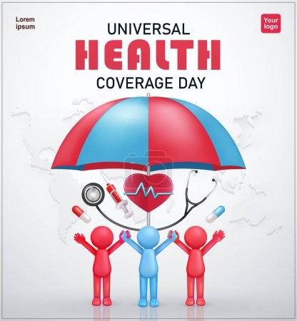 Illustration for Universal Health Coverage Day. three stickman characters with elements of umbrella, statescope, syringe, pulsating heart and pills. 3d vector suitable for events, education and health - Royalty Free Image