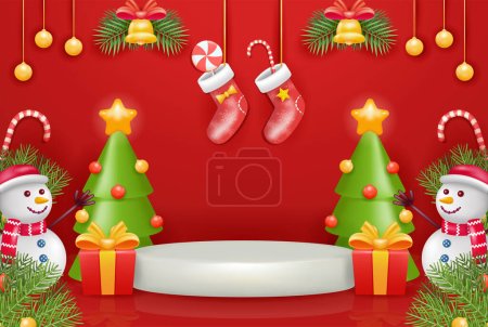 Téléchargez les illustrations : Podium des produits de Noël. Podium avec éléments de pins, bonhommes de neige, boules, coffrets cadeaux et chaussettes. Vecteur 3d, adapté à l'affichage des produits de vente - en licence libre de droit