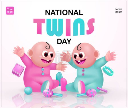 Illustration for National Twins Day, Twin babies playing. 3d vector suitable for events - Royalty Free Image