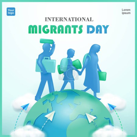 Illustration for International Migrants Day. Families migrate due to war, climate change and global political issues. Suitable for banners, posters, web and social media - Royalty Free Image