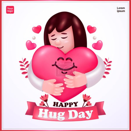 Illustration for A girl warmly hugging a cute heart, 3d vector. Suitable for self-care, happiness, family love and couples - Royalty Free Image