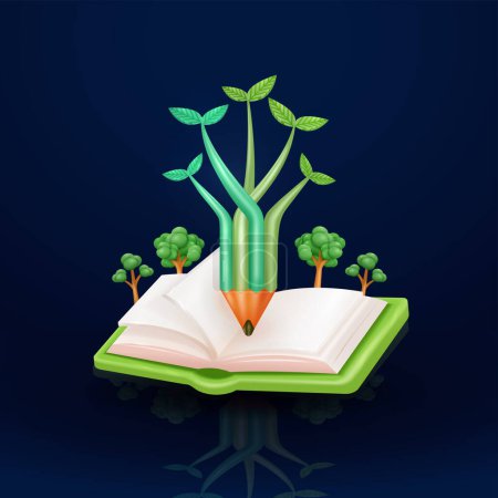 Foto de Forma de lápiz de la planta ramificada, libro y con fondo de árbol. 3d vector, adecuado para la educación ambiental y elementos de diseño - Imagen libre de derechos