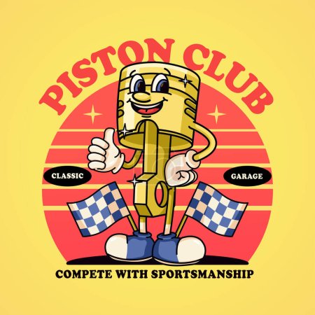 Ilustración de Personaje de la mascota del motor de pistón retro con bandera de carreras. Apto para logotipos, mascotas, camisetas, pegatinas y carteles - Imagen libre de derechos