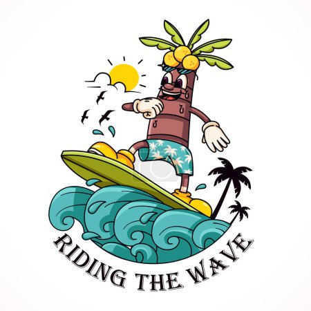 Illustration for Coconut tree surfing the waves character mascot. Suitable for logos, mascots, t-shirts, stickers and posters - Royalty Free Image