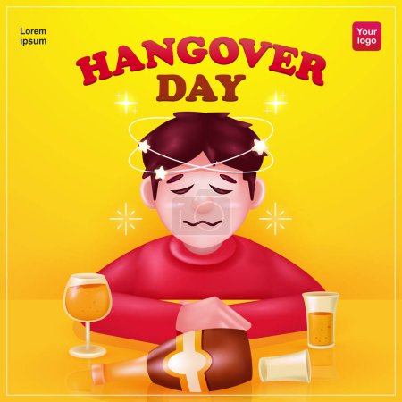 Illustration for Hangover Day. Drunk man with drinks and bottles of alcohol on the table. 3d vector, suitable for events - Royalty Free Image
