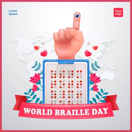 Illustration for World Braille Day. Braille letters and index finger with eye and flower elements. Suitable for world blind day, greeting cards, posters, and banners as well as social media - Royalty Free Image