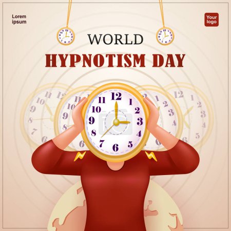 Ilustración de Día Mundial del Hipnotismo, una mujer hipnotizada por un reloj de bolsillo oscilante. 3d vector, adecuado para eventos y educación - Imagen libre de derechos