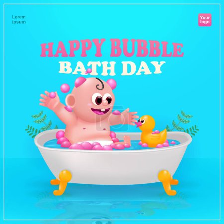 Illustration for Happy Bubble Bath Day, baby love bubble bath in bath with bath duck toy. 3d vector suitable for events - Royalty Free Image