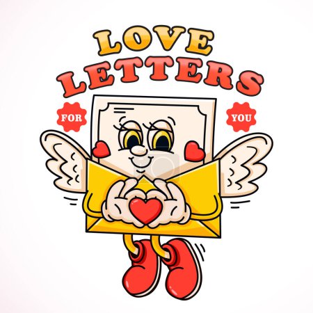 Téléchargez les illustrations : Lettres d'amour, enveloppes de personnages de dessins animés contenant des lettres d'amour volantes. Convient pour les logos, mascottes, t-shirts, autocollants et affiches - en licence libre de droit