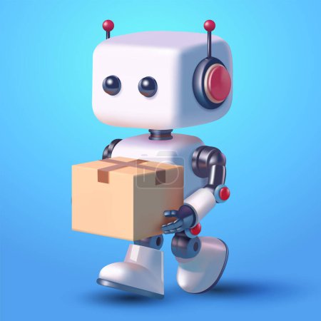 Illustration for Cute robot delivering packages, 3d vector. Suitable for marketplaces, websites, e-commerce, social media and design elements - Royalty Free Image