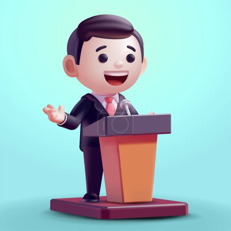 Téléchargez les illustrations : Un homme qui fait un discours sur un rostrum, vecteur 3D. Convient aux affaires et à la politique - en licence libre de droit
