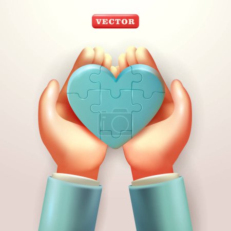 Téléchargez les illustrations : Une paire de mains tenant un puzzle en forme de coeur, vecteur 3D. Convient pour les valentines, la santé et la journée de soins - en licence libre de droit