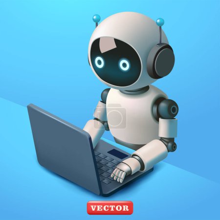 Téléchargez les illustrations : Robot travaillant devant un ordinateur portable, vecteur 3d. Convient aux éléments d'intelligence artificielle, de technologie, d'affaires et de design - en licence libre de droit