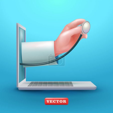 Ilustración de Mano del doctor sosteniendo estetoscopio saliendo de la pantalla del ordenador portátil, vector 3d. Apto para la salud en línea - Imagen libre de derechos