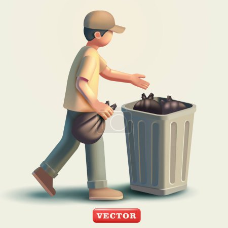 Téléchargez les illustrations : Un homme sort la poubelle, vecteur 3D. Convient pour sauver l'environnement et l'éducation - en licence libre de droit