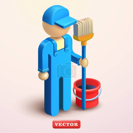 Ilustración de Carácter de conserje stickman, vector 3d. Apto para servicios de limpieza y elementos de diseño - Imagen libre de derechos