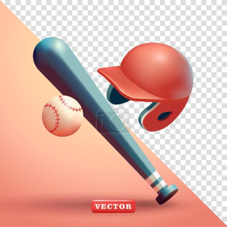 Téléchargez les illustrations : Bâton de baseball, balle et casque. Vecteur 3d, adapté aux éléments de sport et de design - en licence libre de droit