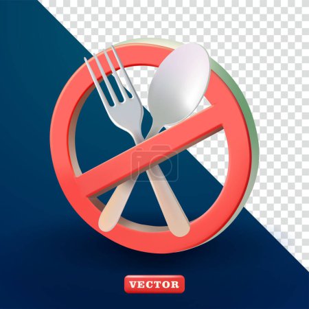 Téléchargez les illustrations : Pas d'icône de manger, avec des éléments fourchette et cuillère. Vecteur 3d, ne convient pas à la nourriture - en licence libre de droit