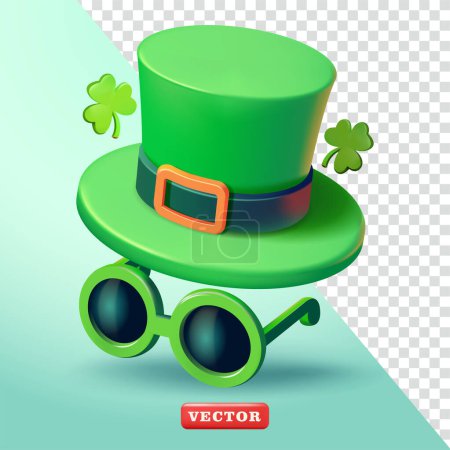 Saint Patrick's Day, hat, glasses and clover leaf. 3d vector. Suitable for events and design elements