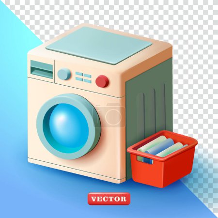 Illustration for Washing machine and pile of fabric in basket. 3d vector, suitable for laudry and design elements - Royalty Free Image